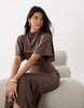 satin high neck blouson maxi dress with flutter sleeve in light brown