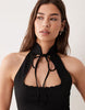 tie detail stand collar sleeveless crepe mini dress in black