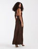 PIECES halterneck satin shimmer maxi dress in chocolate brown