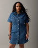 Curve denim fitted shirt mini dress in mid blue