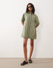 denim boxy shirt mini dress with ladder trim detail in khaki