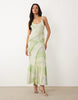 printed floral mesh deep scoop exposed seam maxi dress with low back in sage