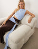 slinky color block slash neck maxi dress with gold trim detail in chocolate and baby blue