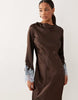 TFNC satin cowl neck contrast lace trim bell sleeve maxi dress in chocolate