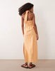 cotton-linen blend halter neck midaxi sundress with sculpted bust in orange spritz