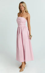 Polly Midi Dress - Strapless Ruched Dress in Pink