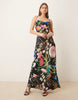 Hope & Ivy satin cowl neck open tie back thigh slit maxi dress in black floral print