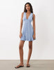 v neck button down mini dress with lace trim and godets in dusky blue