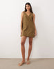 cotton linen v neck smock mini dress in moss green