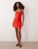 button down rib knit mini dress with picot trim in bright red
