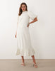 Ghospell high neck puff sleeve peplum hem midi dress in natural stripe