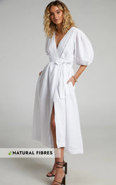 Amalie The Label - Franc Linen Puff Sleeve Wrap Midi Linen Dress - In White