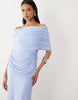 off shoulder wrap bodice detail maxi dress with train in blue