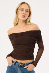 Luck & Trouble Elyse Recycled Off Shoulder Long Sleeve Top Brown