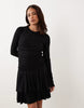 Nobody's Child Petite Yuki round neck drop waist ruched detail mini dress in black