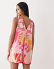 cotton linen v neck smock mini dress in pink fruit print