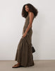Brave Soul scoop neck shirred bodice maxi dress with tiered skirt in brown