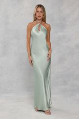 The Delilah Satin Halter Maxi Dress Sage Green