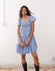 COLLUSION frill sleeve plaid mini dress in blue