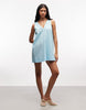 cotton linen v neck smock mini dress in turquoise