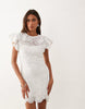 crochet flutter sleeve mini dress in ivory scuba-style fabric