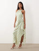 satin racer midi dress with side ruffle detail in multi stripes