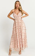 Amalie The Label - Lou V Neck Embroidered Tulle Midi Dress - In Blush