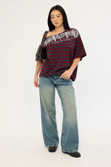 Neovision Corrupt Off Shoulder Relaxed Tee Burgundy Stripe