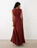 poplin square neck dropped waist maxi dress with godets in dark rust