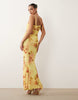 printed mesh fishtail dress with contrast bust insert in yellow floral