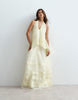ARRANGE scoop neck organza halter trapeze maxi dress with linear embroidery in soft yellow