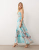 strappy chiffon maxi dress with deep godets in blue blown up floral