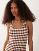 crochet jersey scoop neck mini dress with frill detail in brown and cream gingham