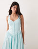 Kaiia exclusive cotton poplin sweetheart neckline button detail dropped v waist maxi dress in baby blue