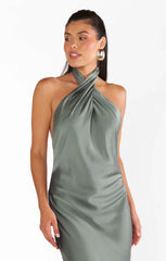 Jasmine Halter Maxi Dress ~ Deep Sage Luxe Satin