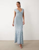 v neck fishtail polka dot print maxi dress in blue