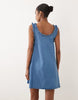denim frill detail mini dress with pockets in mid blue