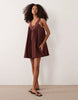 v-neck poplin mini smock sundress with lace overlay in warm chocolate