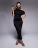 dramatic neckline midi dress in black in scuba-style fabric
