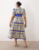 Hope & Ivy Plus v-neck puff sleeve midi smock dress in blue and yellow floral print