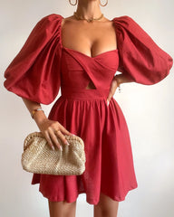 Amalie The Label - Penelopia Linen Look Blend Puff Sleeve Twist Bodice Mini Dress - In Vermilion