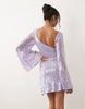sequin waterfall sleeve mini dress in lilac