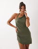 Lioness Moonlight linen rich asymmetric halterneck draped mini dress in khaki