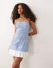 cotton linen bandeau mini sundress with ruffle hem in blue and pink stripe