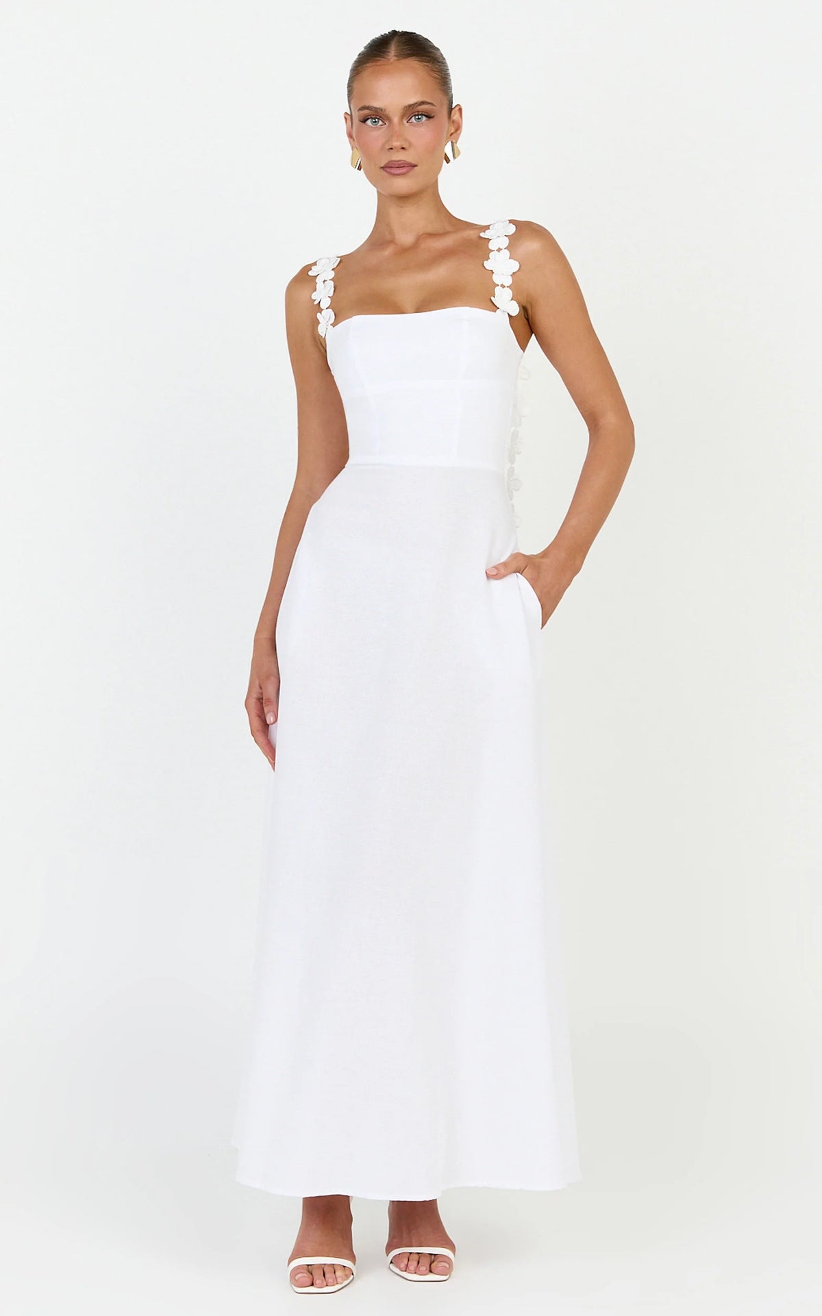 Clementine Midi Dress - 3D Floral Strap Dress in White