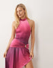 Murci high neck gathered waist gold hardware detail maxi dress in purple ombre