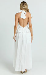 Heidi Midi Dress - Deep V Plunge Halter Neck Brooch Detail Split Skirt Dress in White