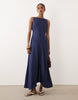 premium 100% linen slash neck midi dress with asymmetric dropped waist and hanky hem in navy