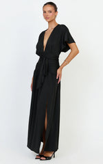 Liana Maxi Dress - Wide Sleeve Tie Waist Maxi Dress in Black
