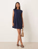 slash neck mini dress with pintucks in navy